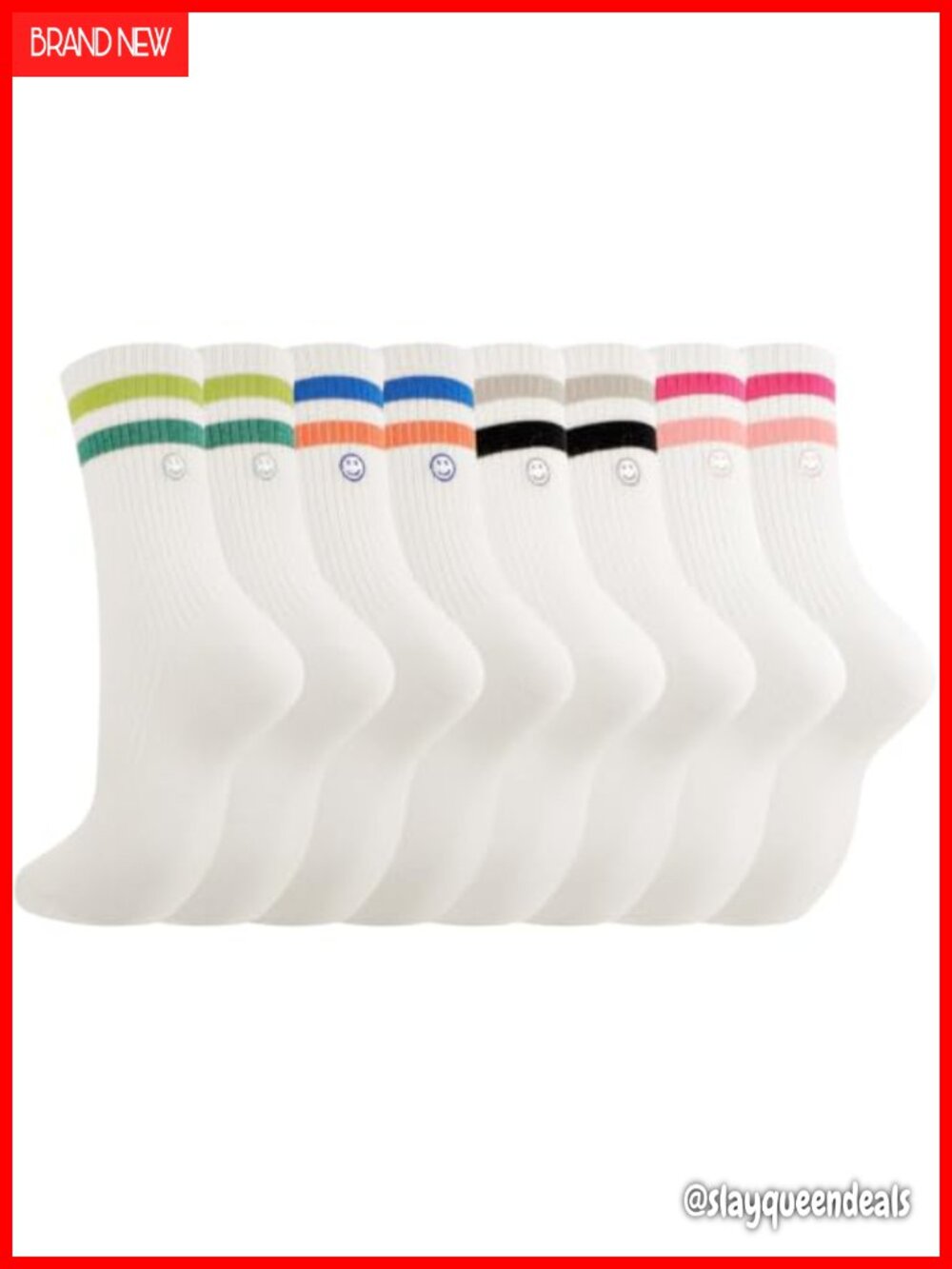 Women's Striped Crew Socks Retro Athletic Embroidered Smile Cotton Blend 4 Pairs